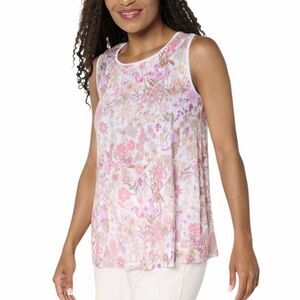 Susan Graver Top Pink White Women Sz XL Sequin Sleeveless Mesh Lined Floral Tank